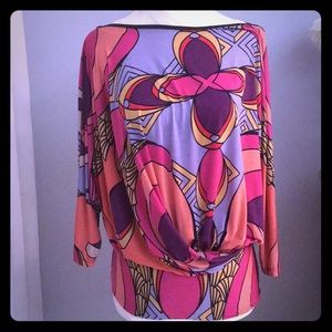 Analili Abstract Print Batwing Pink Lilac Blouson Vibrant Top Miami Small S